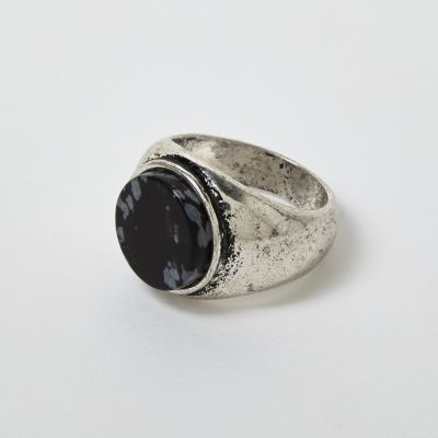 Silver tone antique stone ring